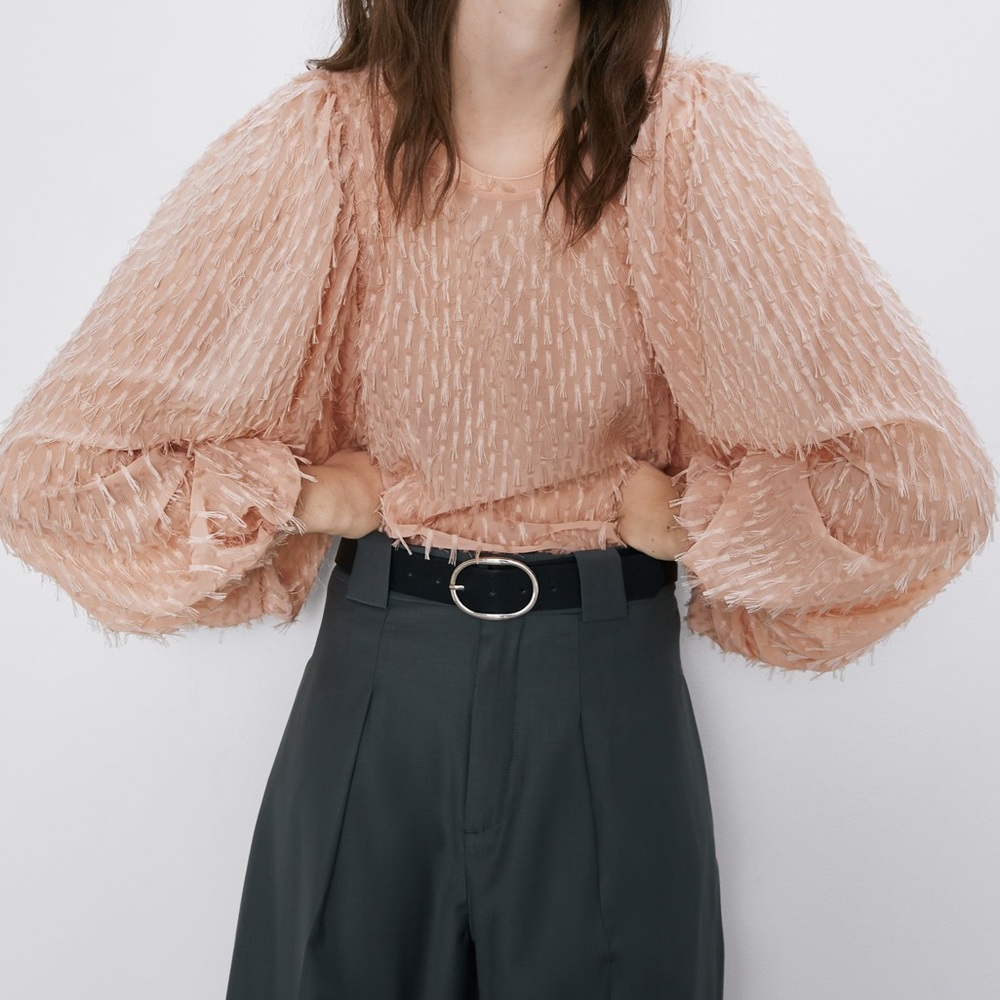 ZARA Blouse with Puff Sleeves and Faux Fur Design